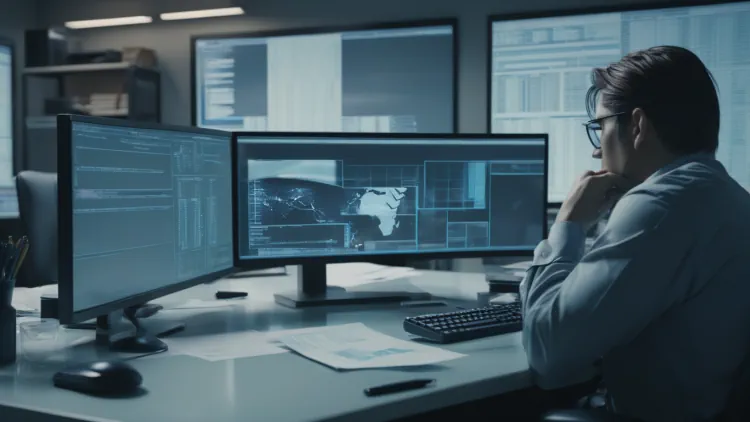 Man at desk with computer and two screens